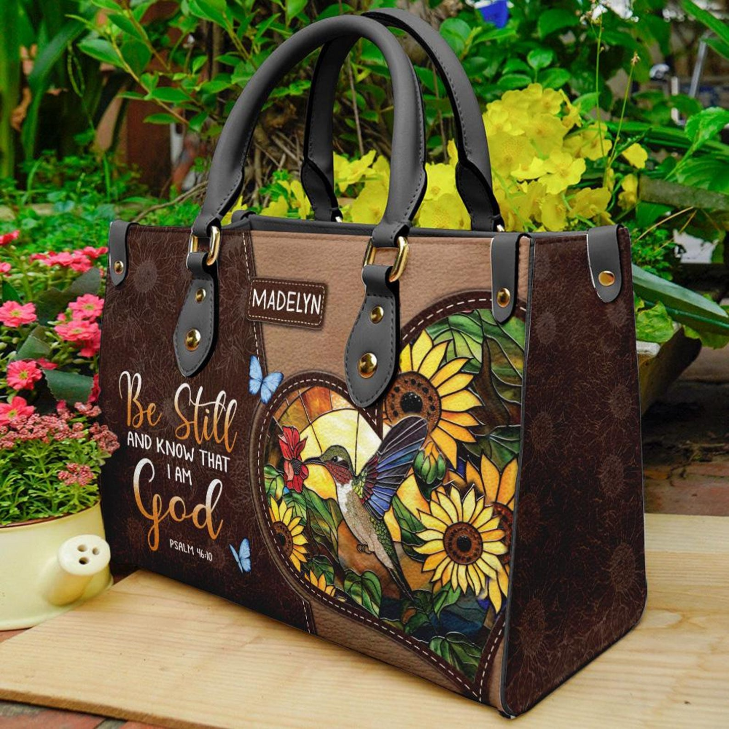 Be Still And Know That I am God Hummingbird and Sunflower Leather Bible Handbag ID-0321-LDFP