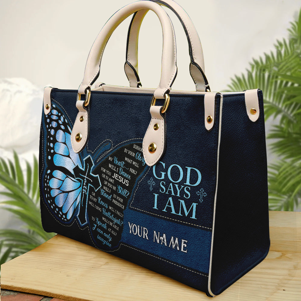 Custom Christian Butterfly Leather Handbag – “God Says I Am” Faith Motivational Handbag ID-0416-ABKR