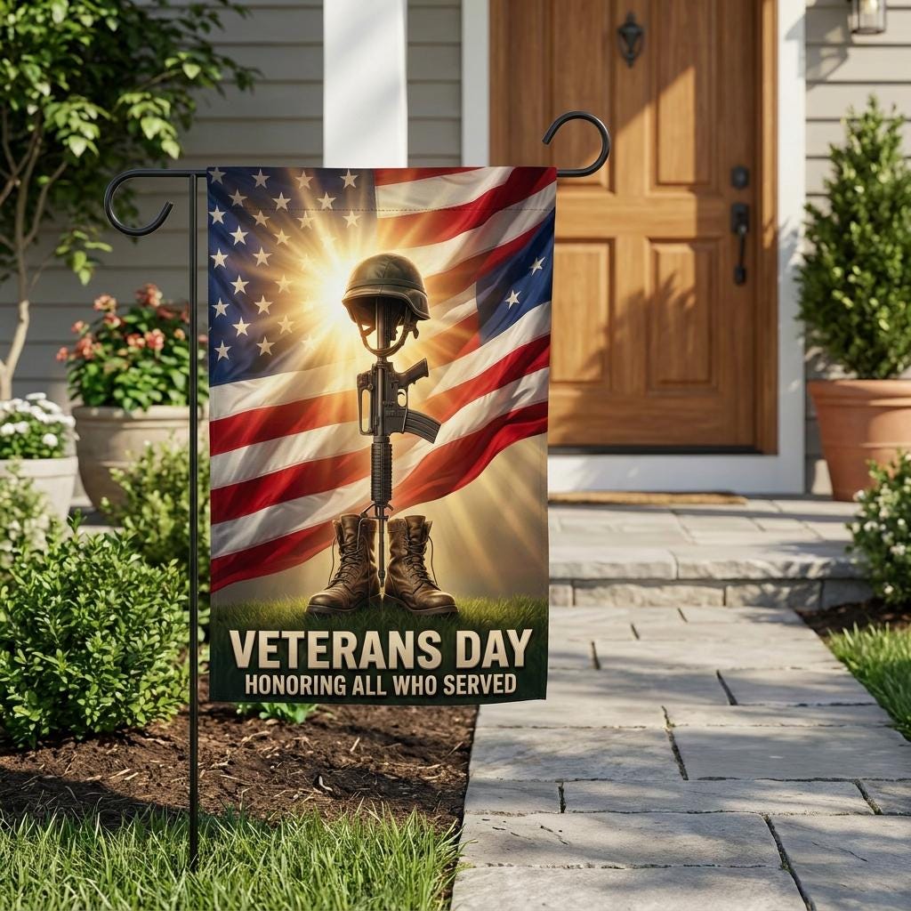 Veterans Day Garden Flag: Battlefield Cross Patriotic Yard Decor
