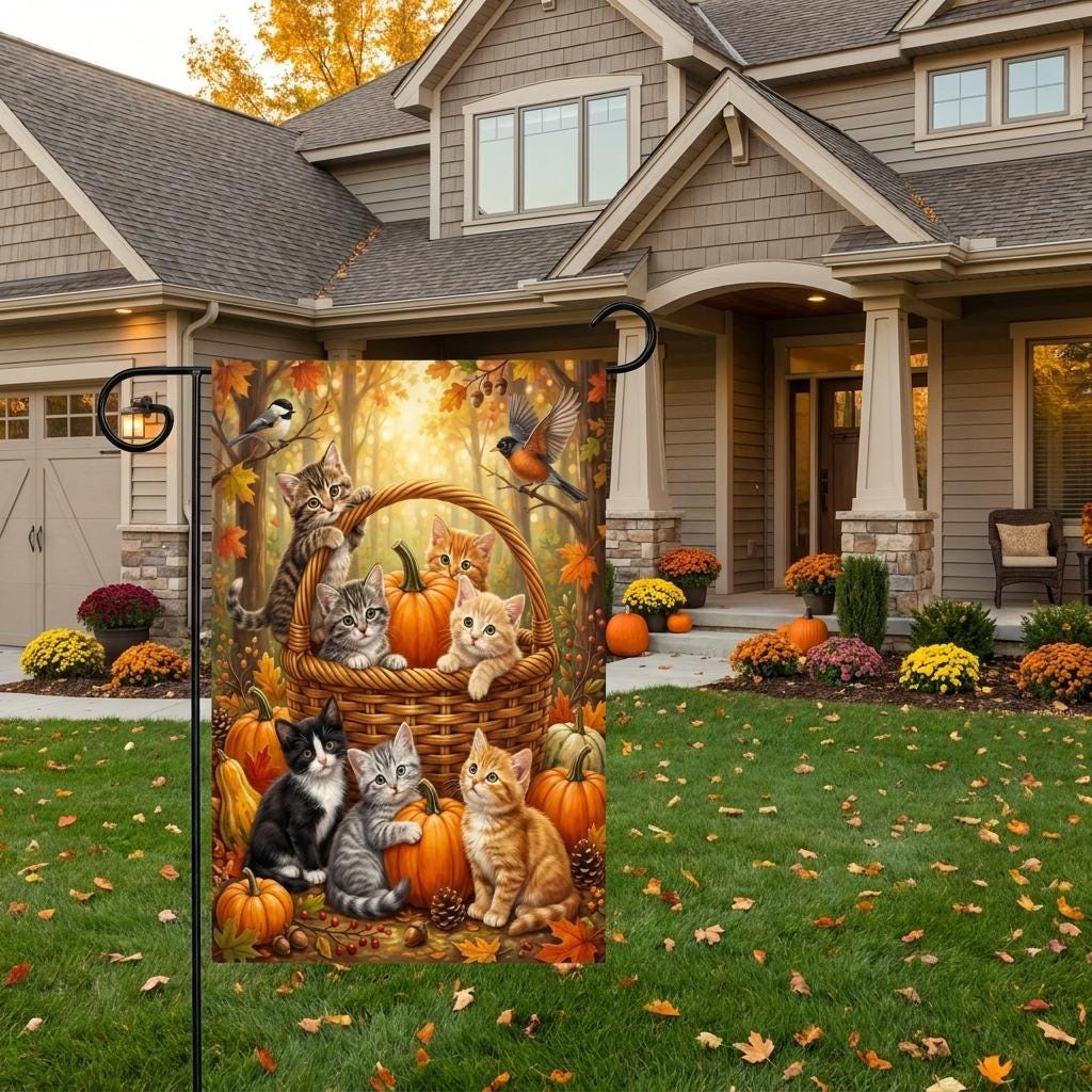 Kittens in Pumpkin Basket Fall Garden Flag – Cute Cats Autumn Yard Decor, Forest Birds Seasonal Outdoor Banner, Pet Lover Gift