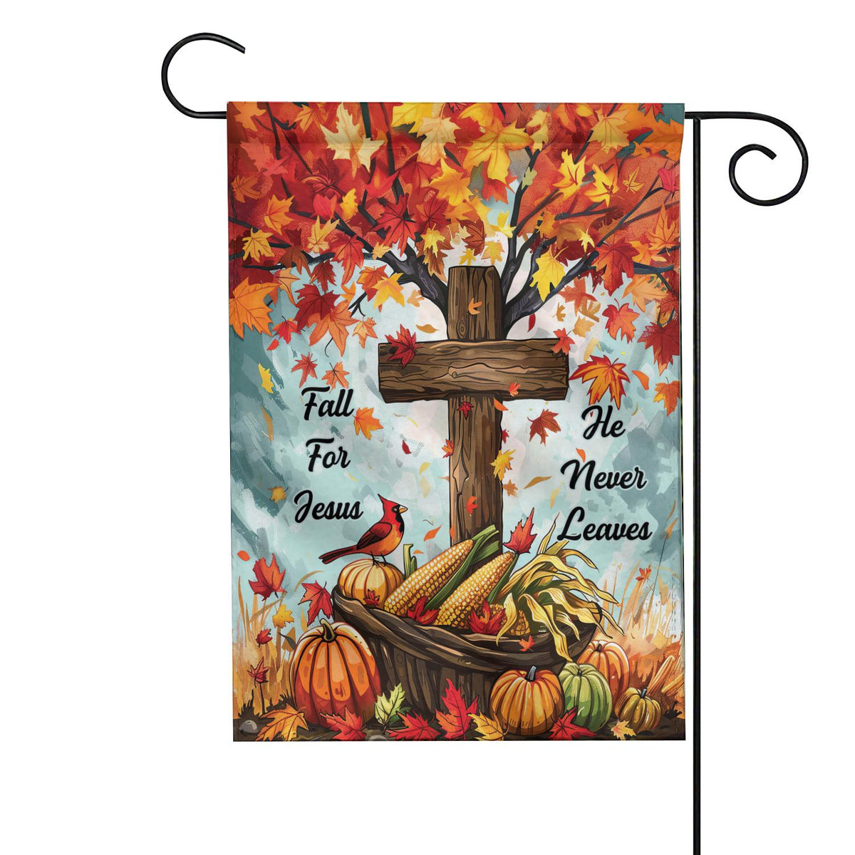Fall for Jesus He Never Leaves Double-Sided Garden Flag – Pumpkin & Red Cardinals Fall House Flag, Christian Thanksgiving Yard Decor