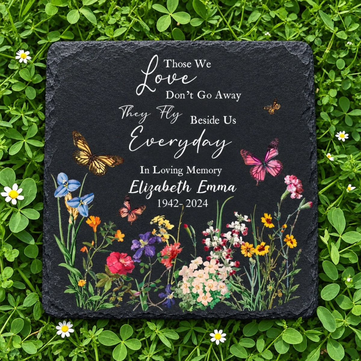 Square memorial stone with custom name and years