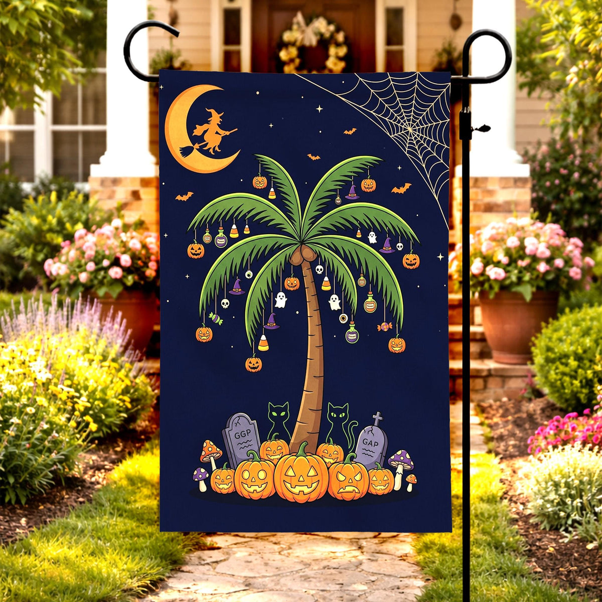 Tropical Halloween Garden Flag – Coastal Beach Fall Yard Decor, Spooky Palm Trees & Pumpkins Outdoor Porch Banner