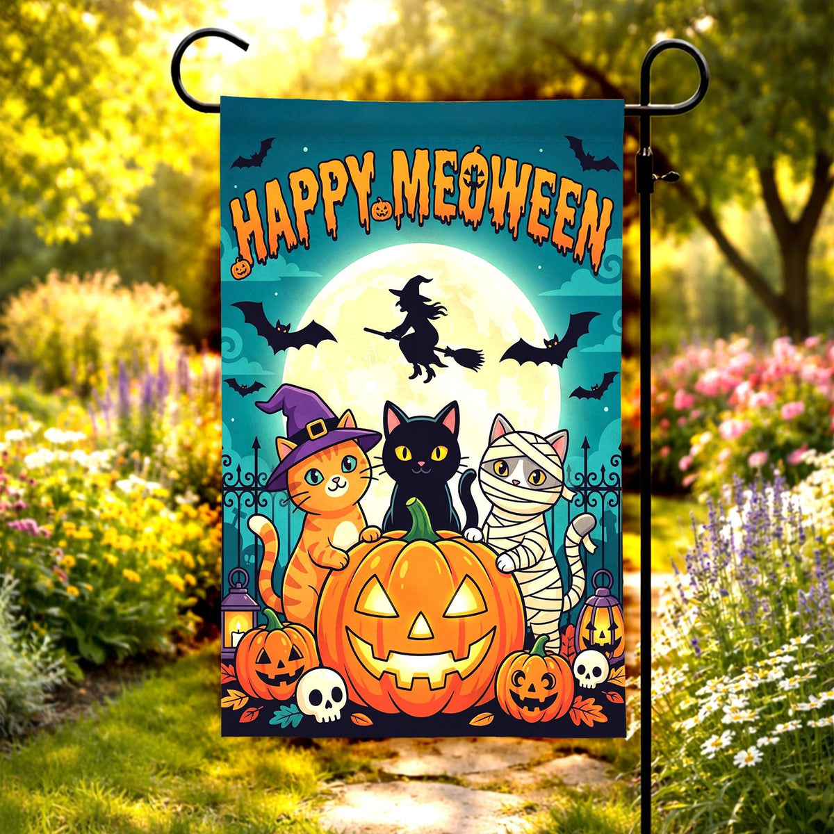Happy Meoween Garden Flag - Cute Mummy Witch Cats Halloween Yard Banner