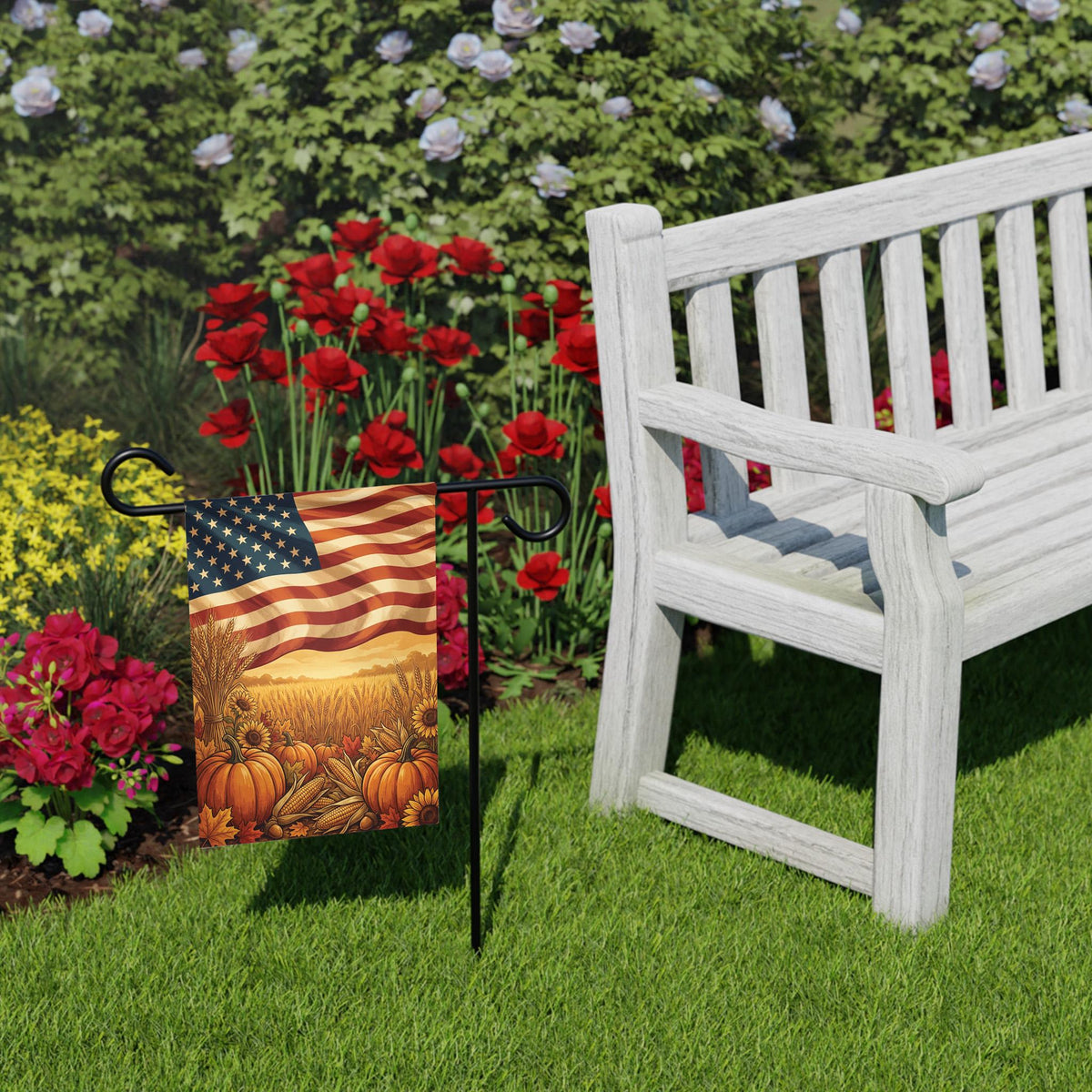 Patriotic Fall Flag: Stars, Stripes & Pumpkin Harvest Decor