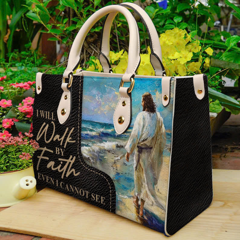 Walk by Faith Inspirational Leather Handbag- Religious Bag with Jesus on the Beach ID-0402-WSIM
