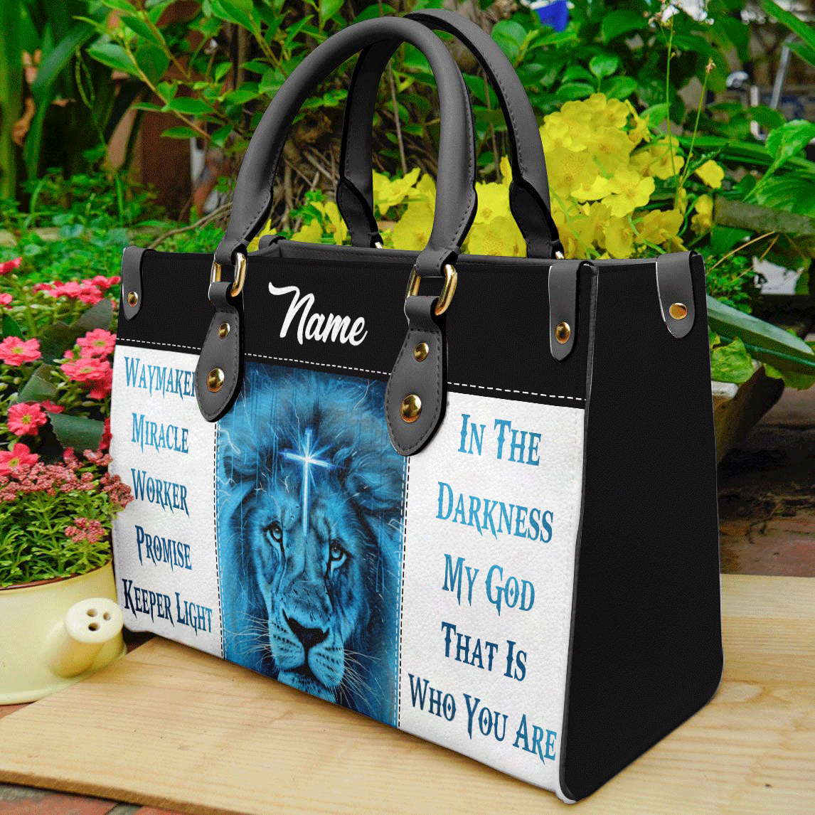 Cross Lion Face Leather Handbags For Women-Way Maker Bible Verse Christian Bag ID-0322-L2MB