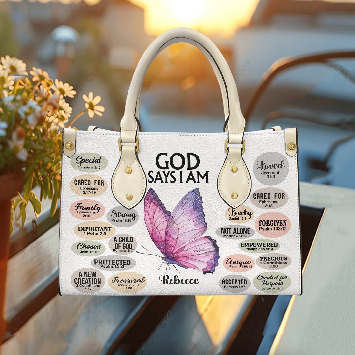 God Says I am Bible Verse Leather Handbag- Butterfly Inspirational Handbag for Christian ID-0321-RB1T