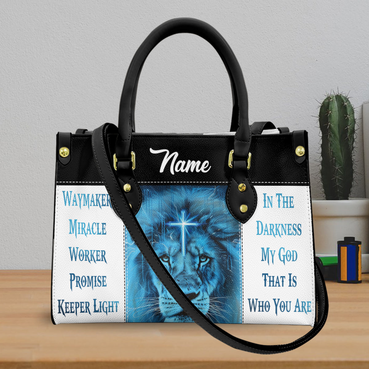 Cross Lion Face Leather Handbags For Women-Way Maker Bible Verse Christian Bag ID-0322-L2MB