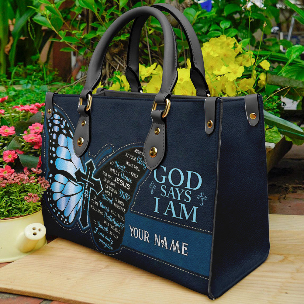 Custom Christian Butterfly Leather Handbag – “God Says I Am” Faith Motivational Handbag ID-0416-ABKR