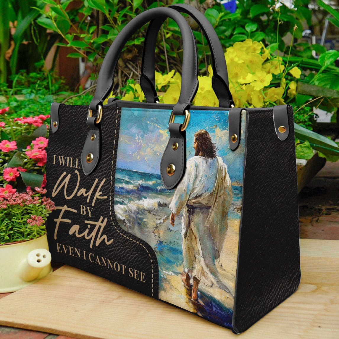 Walk by Faith Inspirational Leather Handbag- Religious Bag with Jesus on the Beach ID-0402-WSIM