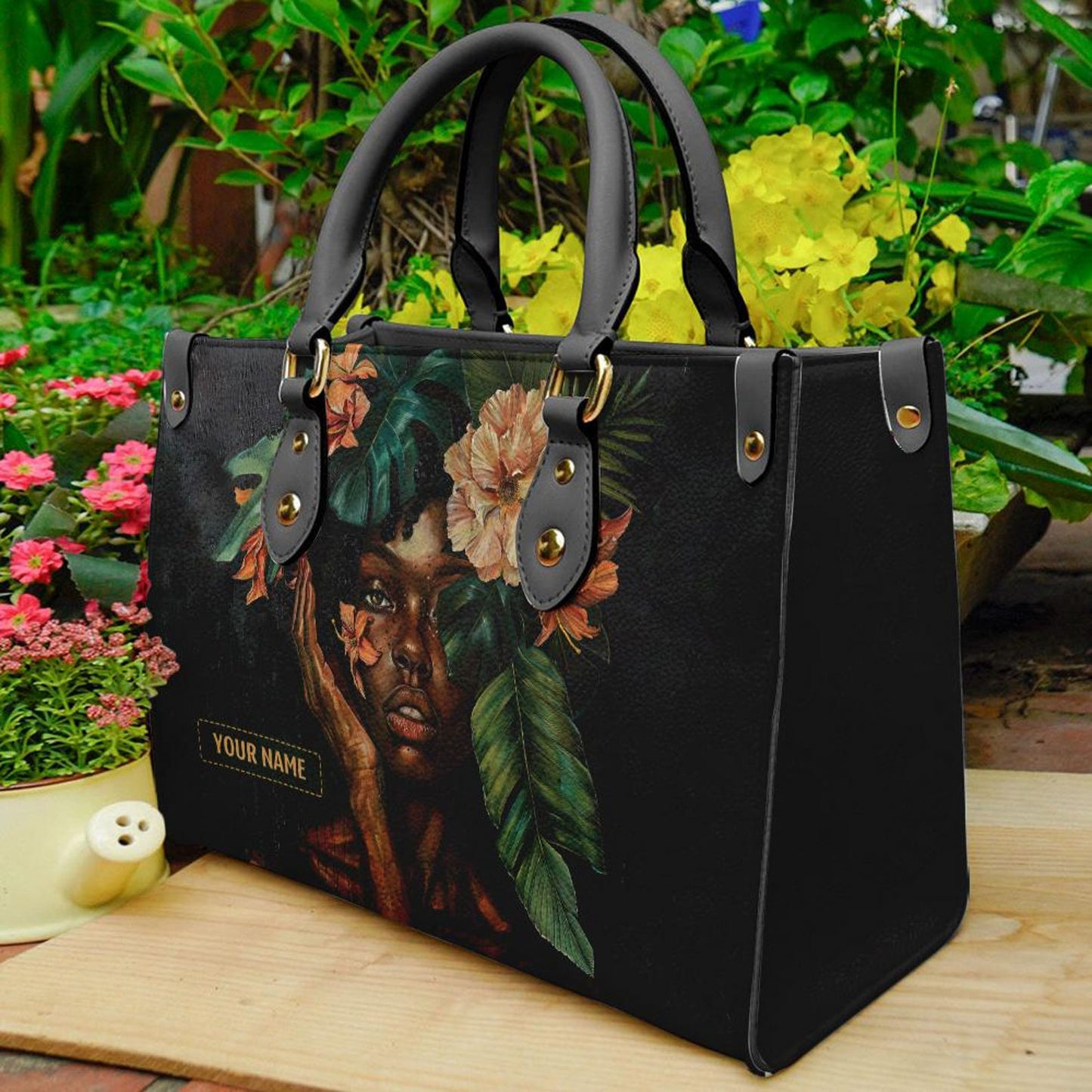 Personalized Elegant Afro Woman Leather Bag β Tropical Queen Floral Handbag ID-0416-D1FX