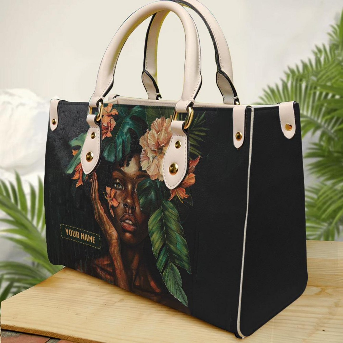 Personalized Elegant Afro Woman Leather Bag β Tropical Queen Floral Handbag ID-0416-D1FX