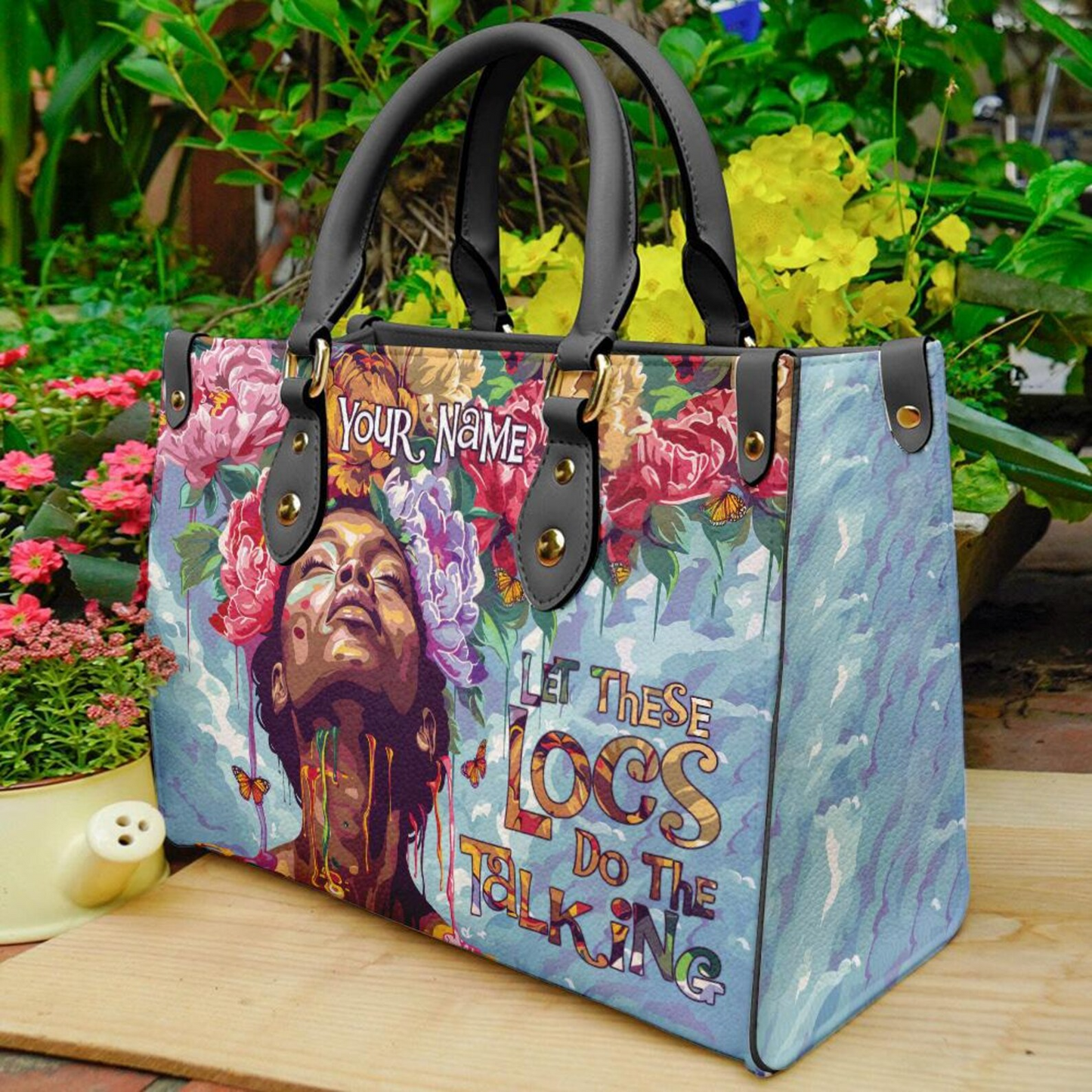 Let these Locs Do the Talking Black Queen Floral PU Leather Handbag ID-0408-BLZV