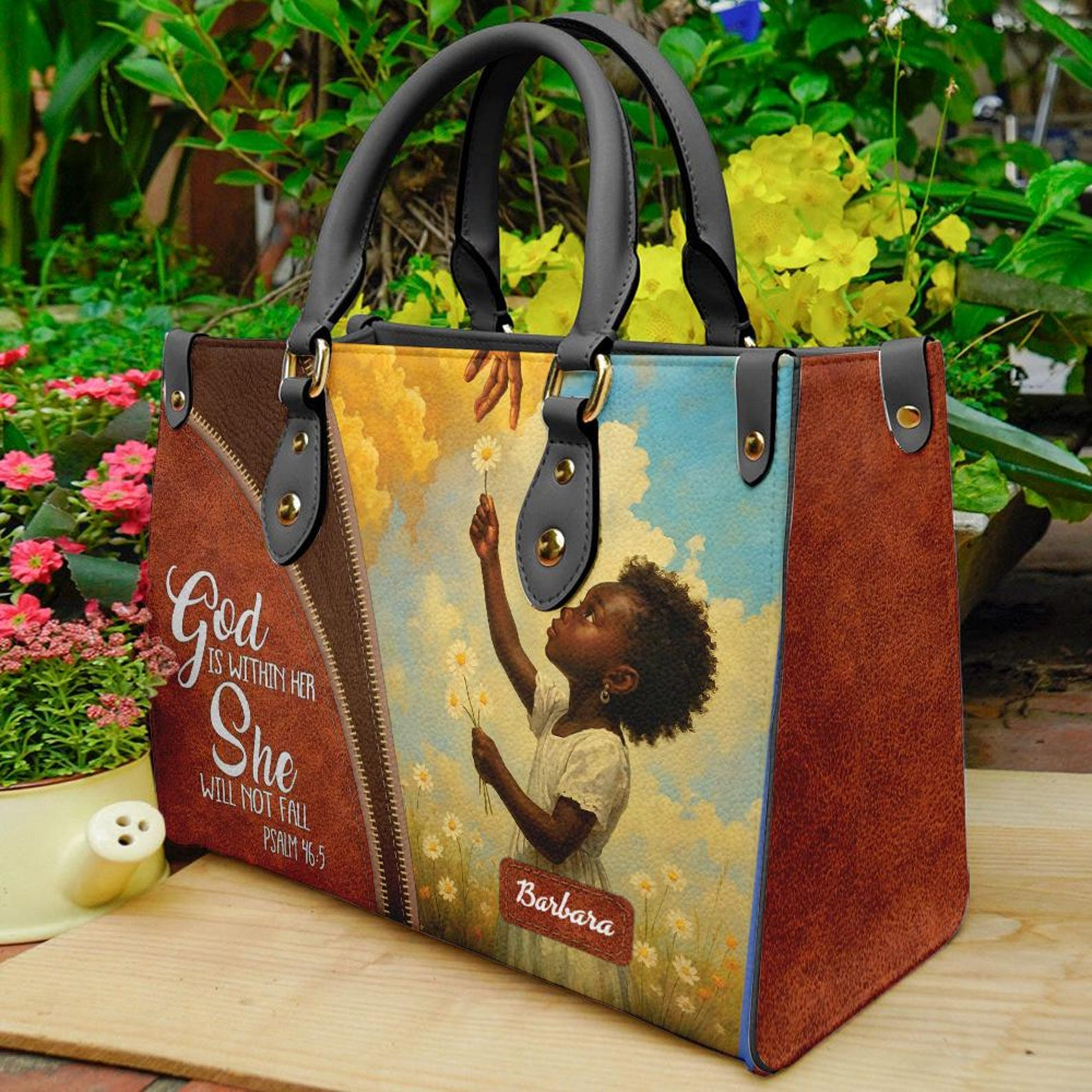 God Is Within Her She Will Not Fall Custom Name PU Leather Handbag For Black Women Umds16