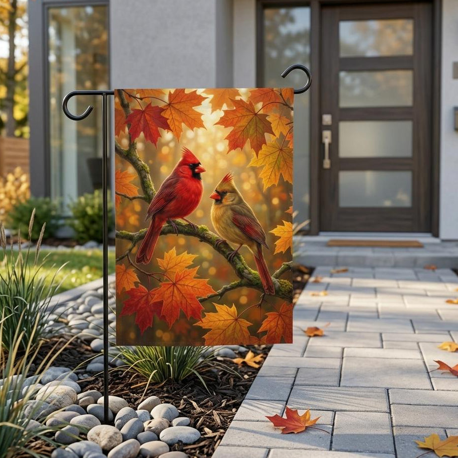 Two Northern Cardinals Fall Garden Flag — Autumn Bird Yard Decor