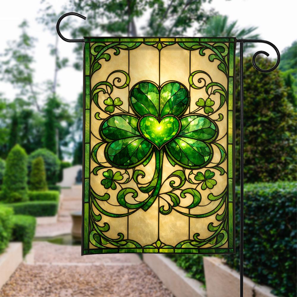 St. Patrick's Day Garden Flag: Stained Glass Shamrock Outdoor Decor