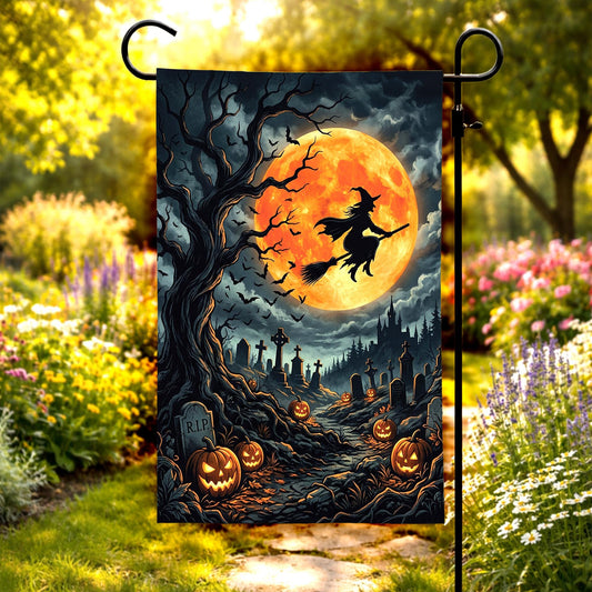 Flying Witch Halloween Garden Flag — Spooky Full Moon Yard Decor