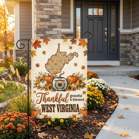 West Virginia Garden Flag, Thankful Grateful Blessed Autumn Pumpkin Yard Sign, Rustic Farmhouse State Pride Outdoor Decor