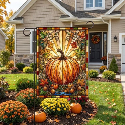 Radiant Stained Glass Pumpkin Garden Flag – Autumn Sunburst Fall Harvest Yard Banner, Thanksgiving Outdoor House & Garden Decor