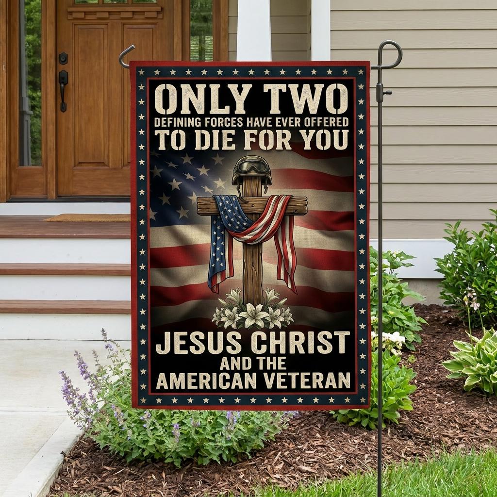 Jesus Christ and American Veteran Garden Flag - Patriotic Christian Decor