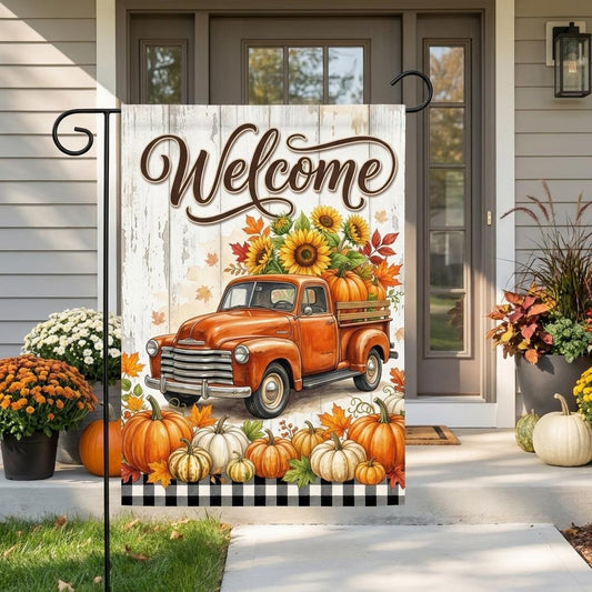 Fall Vintage Truck Garden Flag with Pumpkins & Sunflowers, Rustic Farmhouse Autumn Yard Banner for Thanksgiving Outdoor Decor