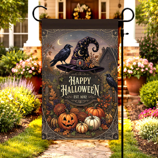Happy Halloween Est. 1692 Garden Flag – Vintage Witch Hat & Black Crows Yard Decor, Spooky Autumn Outdoor Porch Banner