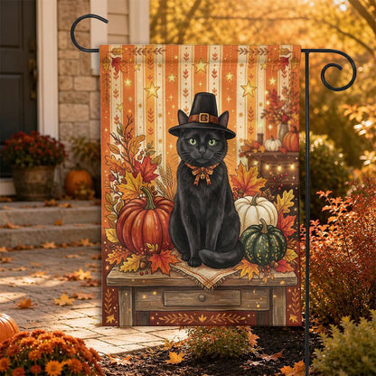 Thanksgiving Black Cat Garden Flag – Pilgrim Hat, Fall Harvest Pumpkins & Autumn Yard Decor, Rustic Witchy Outdoor Porch Banner
