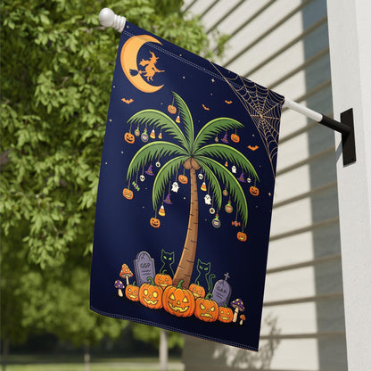 Tropical Halloween Garden Flag – Coastal Beach Fall Yard Decor, Spooky Palm Trees & Pumpkins Outdoor Porch Banner