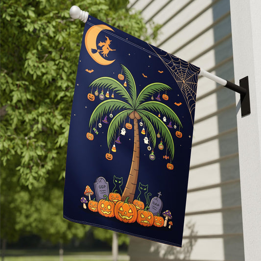 Tropical Halloween Garden Flag – Coastal Beach Fall Yard Decor, Spooky Palm Trees & Pumpkins Outdoor Porch Banner