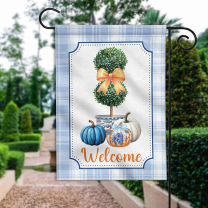 Chinoiserie Topiary Pumpkin Double-Sided Garden Flag – Preppy Blue & White Fall Decor, Grandmillennial Autumn House Flag