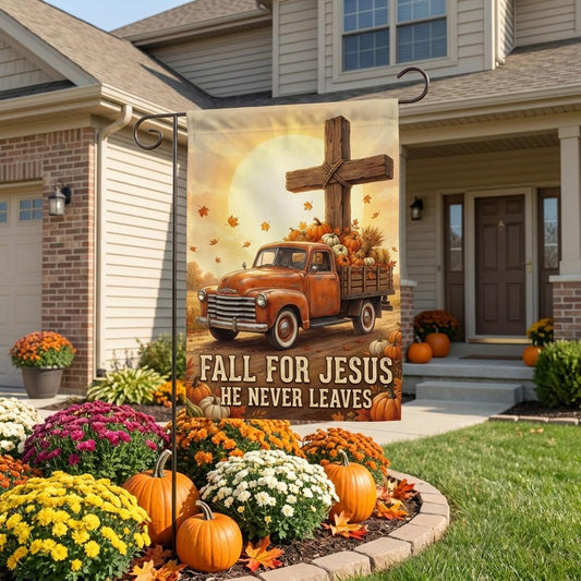 Fall for Jesus Garden Flag – Christian Autumn Yard Decor, Vintage Truck Pumpkin Fall Banner, Religious Thanksgiving Outdoor Decoration