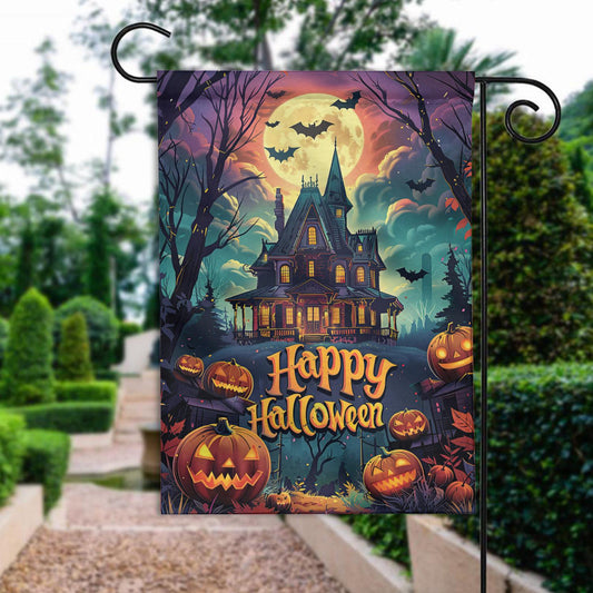 Happy Halloween Double-Sided Garden Flag – Haunted House Yard Banner, Spooky Fall Porch Decor, Halloween Outdoor House Flag