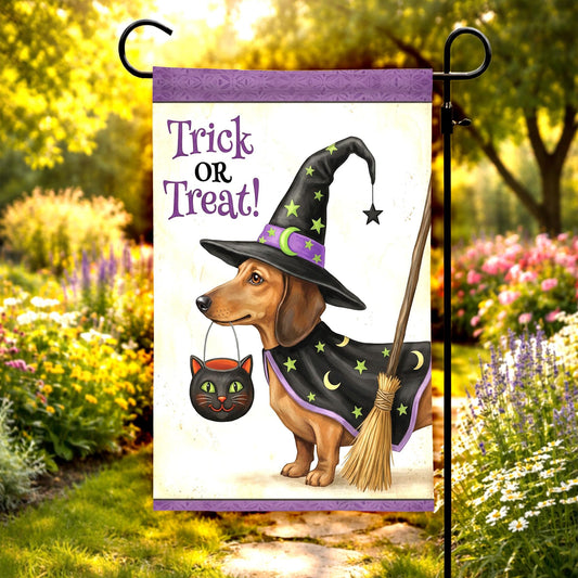 Trick or Treat Dachshund Garden Flag, Spooky Halloween Wiener Dog Yard Banner, Cute Pet Lovers Fall Outdoor Porch Decor