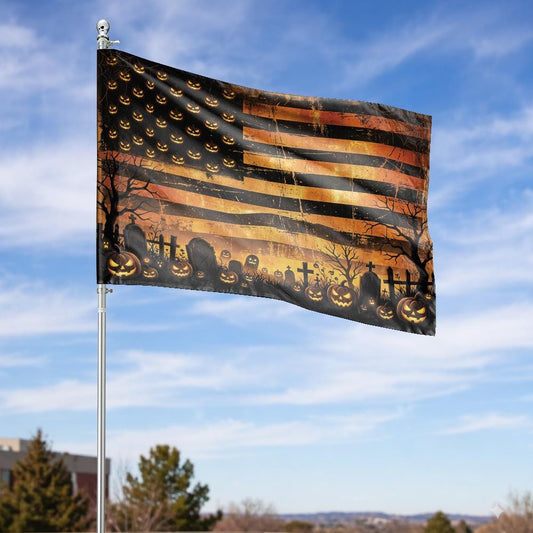 Halloween American Flag Garden Banner – Spooky Graveyard & Jack O’ Lantern Yard Decor, Patriotic Fall Outdoor House Sign