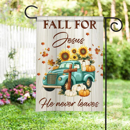 Fall for Jesus He Never Leaves Double-Sided Garden Flag – Pumpkin Farm Truck House Flag, Christian Thanksgiving Fall Yard Decor