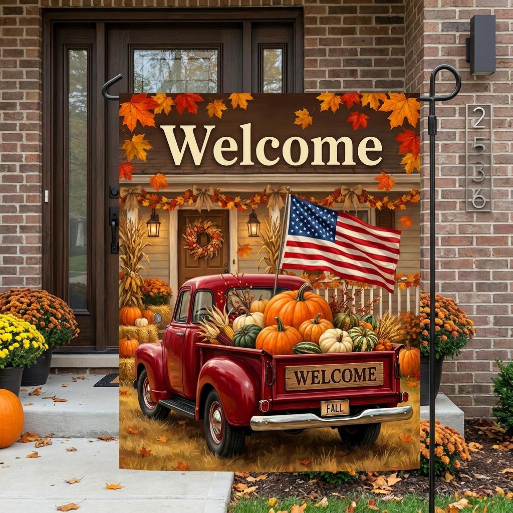 Vintage Red Truck Fall Garden Flag — Pumpkin Harvest Welcome Yard Decor