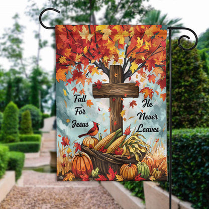 Fall for Jesus He Never Leaves Double-Sided Garden Flag – Pumpkin & Red Cardinals Fall House Flag, Christian Thanksgiving Yard Decor