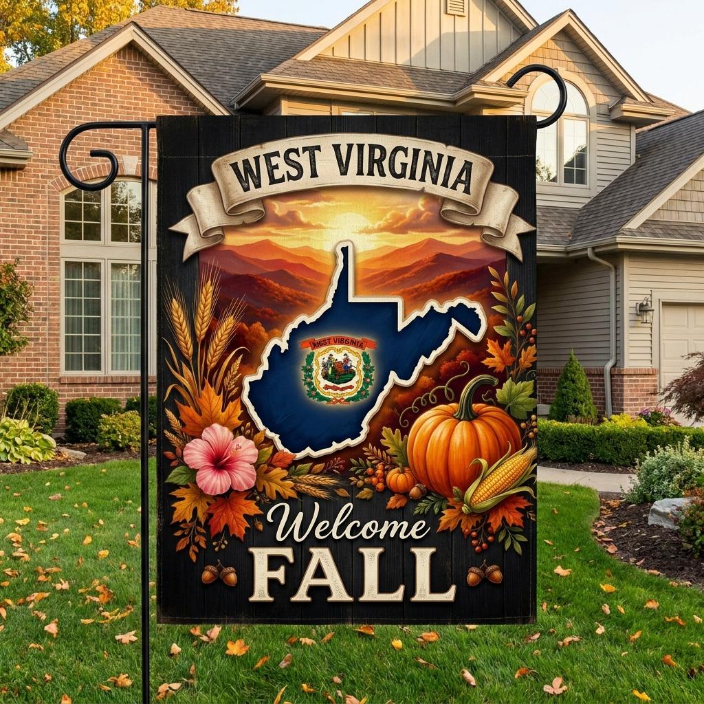 West Virginia Fall Garden Flag, Autumn Mountain Yard Sign, State Pride Pumpkin Decor, Rustic Farmhouse Harvest Outdoor Banner