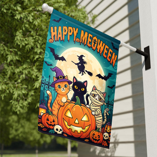 Happy Meoween Garden Flag - Cute Mummy Witch Cats Halloween Yard Banner