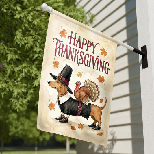 Thanksgiving Dachshund Garden Flag – Pilgrim Wiener Dog Fall Yard Decor, Autumn Leaves Outdoor House Banner, Pet Lover Gift