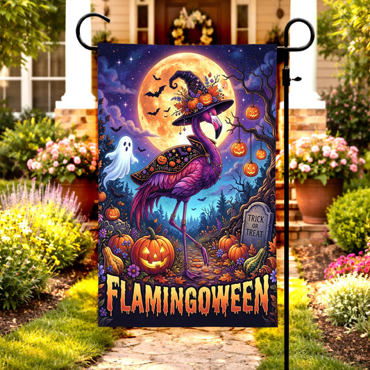 Flamingoween Garden Flag, Pink Flamingo Witch Hat Halloween Yard Decor, Spooky Cute Trick or Treat Outdoor Porch Banner