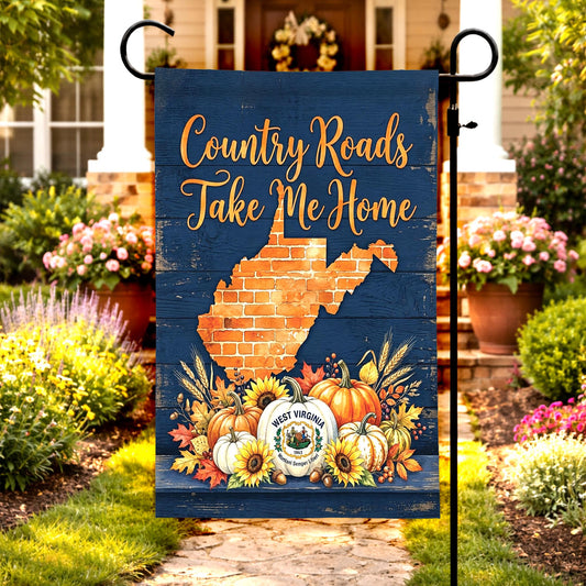 "Country Roads" West Virginia Fall Pumpkin Garden Flag