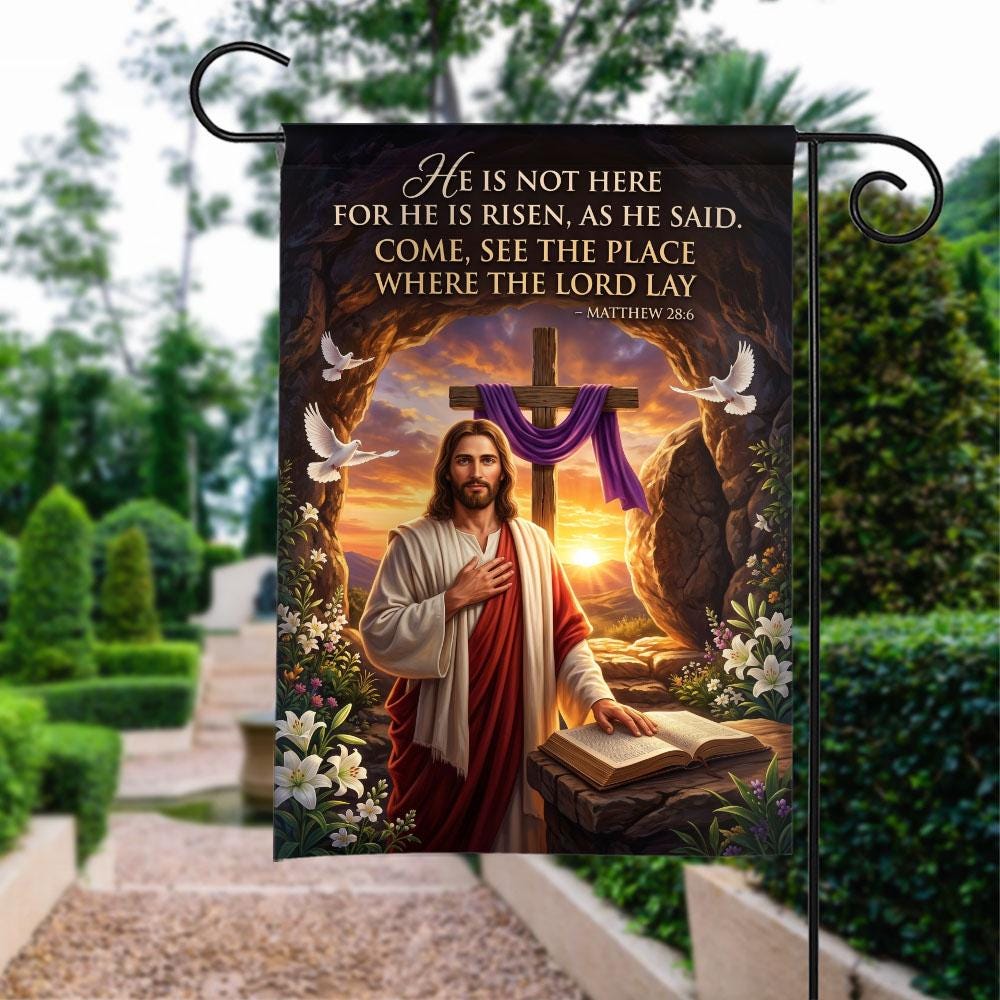 "He Is Risen" Easter Christian Flag with Cross & Flowers