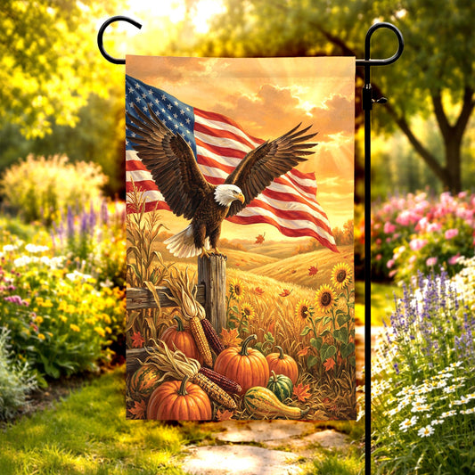 American Bald Eagle Garden Flag – Patriotic USA Stars & Stripes Yard Decor, Autumn Harvest Pumpkin Outdoor Banner