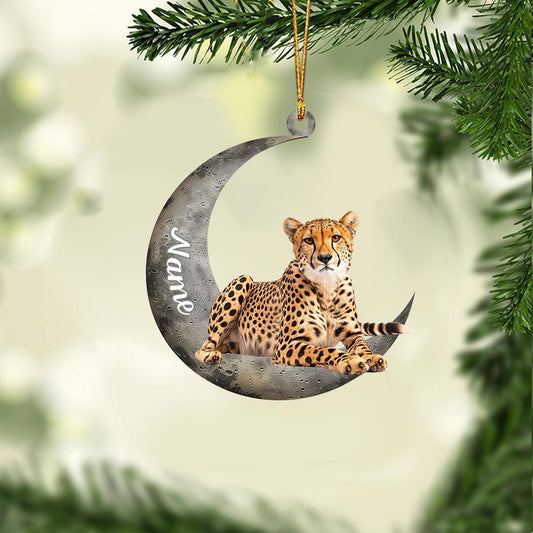 Personalized Cheetah Christmas Ornament – Cheetah on Moon with Christmas Lights, Car Hanging Ornament, Cheetah Lover Holiday Gift