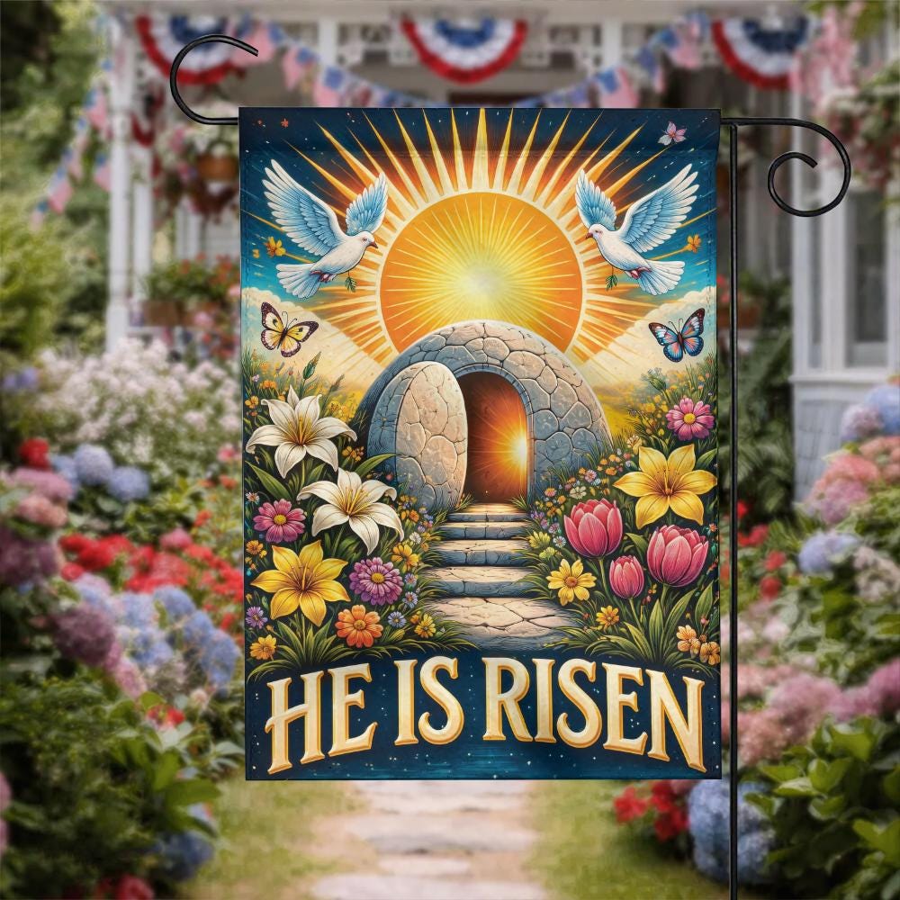 "He Is Risen" Empty Tomb Garden Flag - Christian Easter Decor