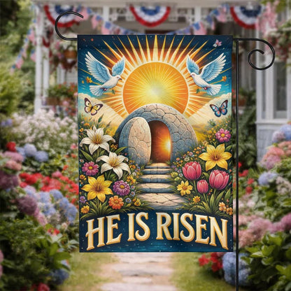"He Is Risen" Empty Tomb Garden Flag - Christian Easter Decor