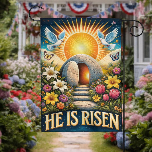 "He Is Risen" Empty Tomb Garden Flag - Christian Easter Decor