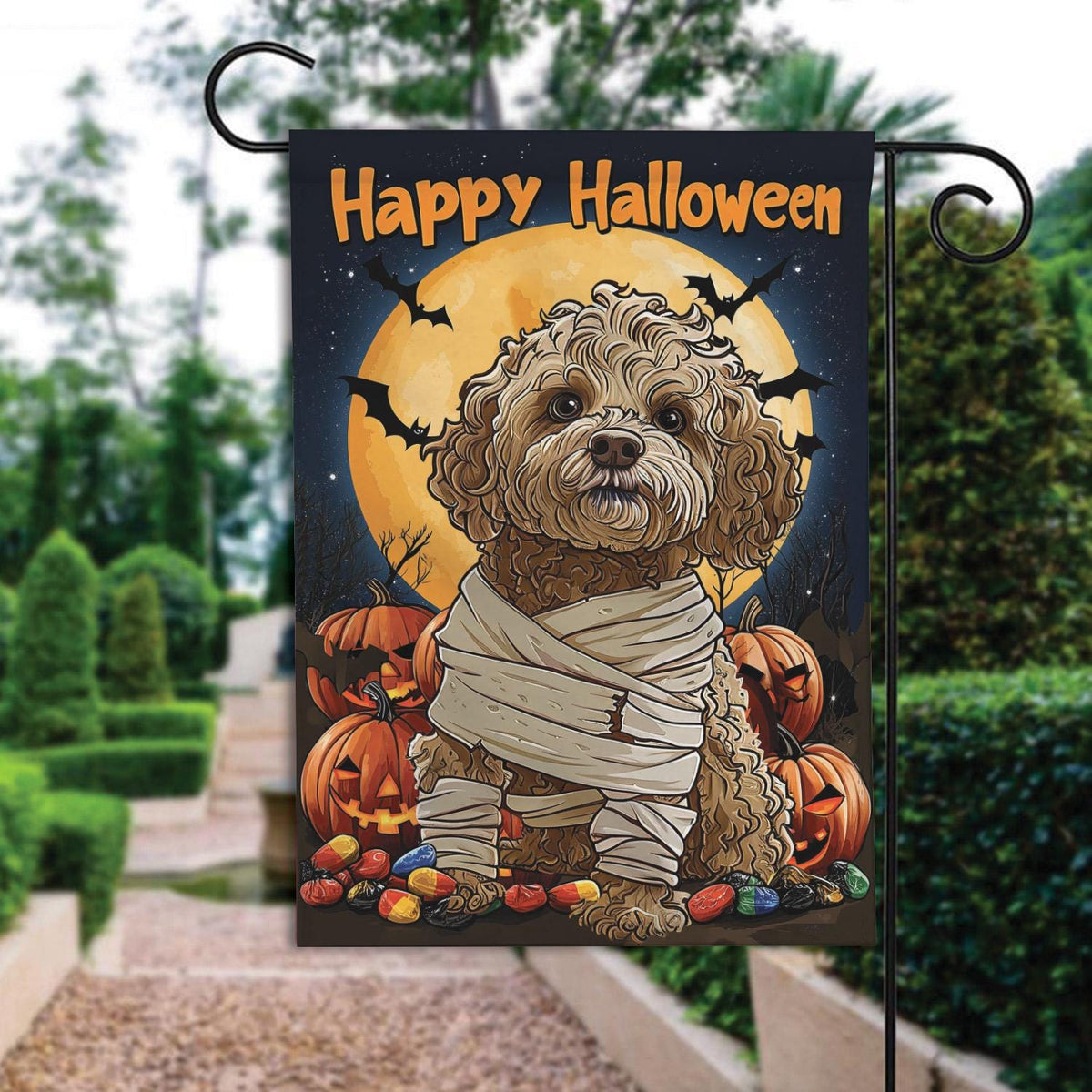 Happy Halloween Mummy Dog Garden Flag — Cute Cockapoo Fall Porch Decor
